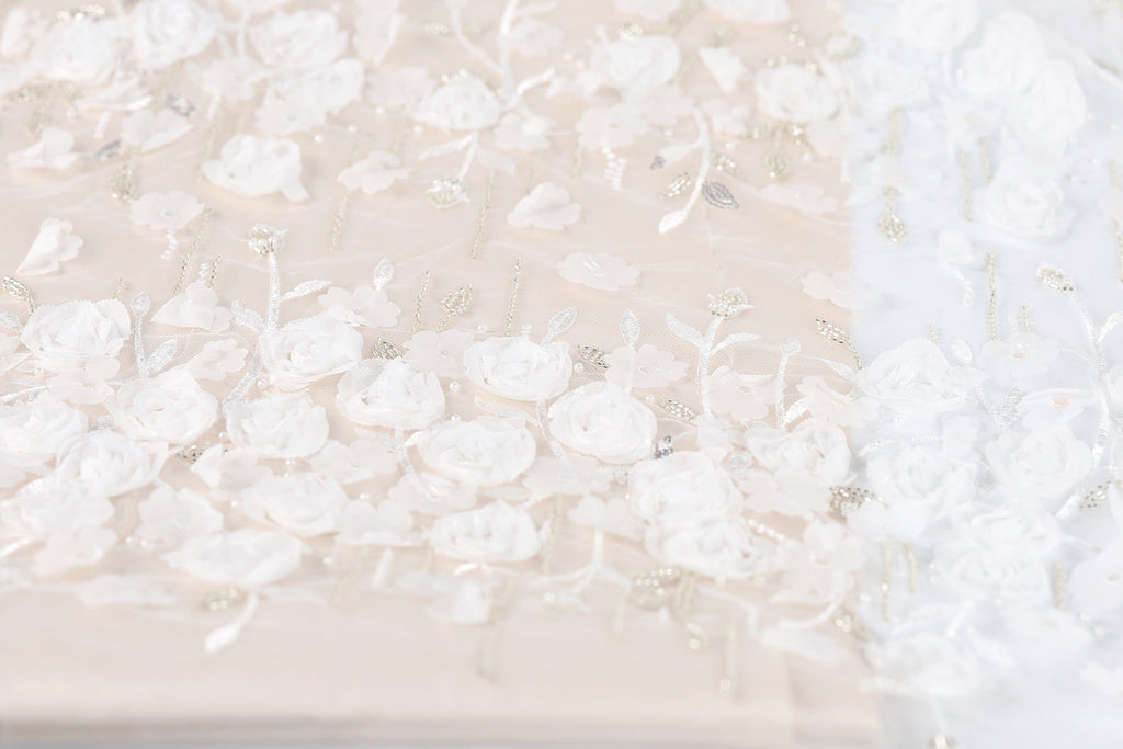 The image is a close-up of a fabric with a floral pattern, featuring numerous white flowers and delicate details.