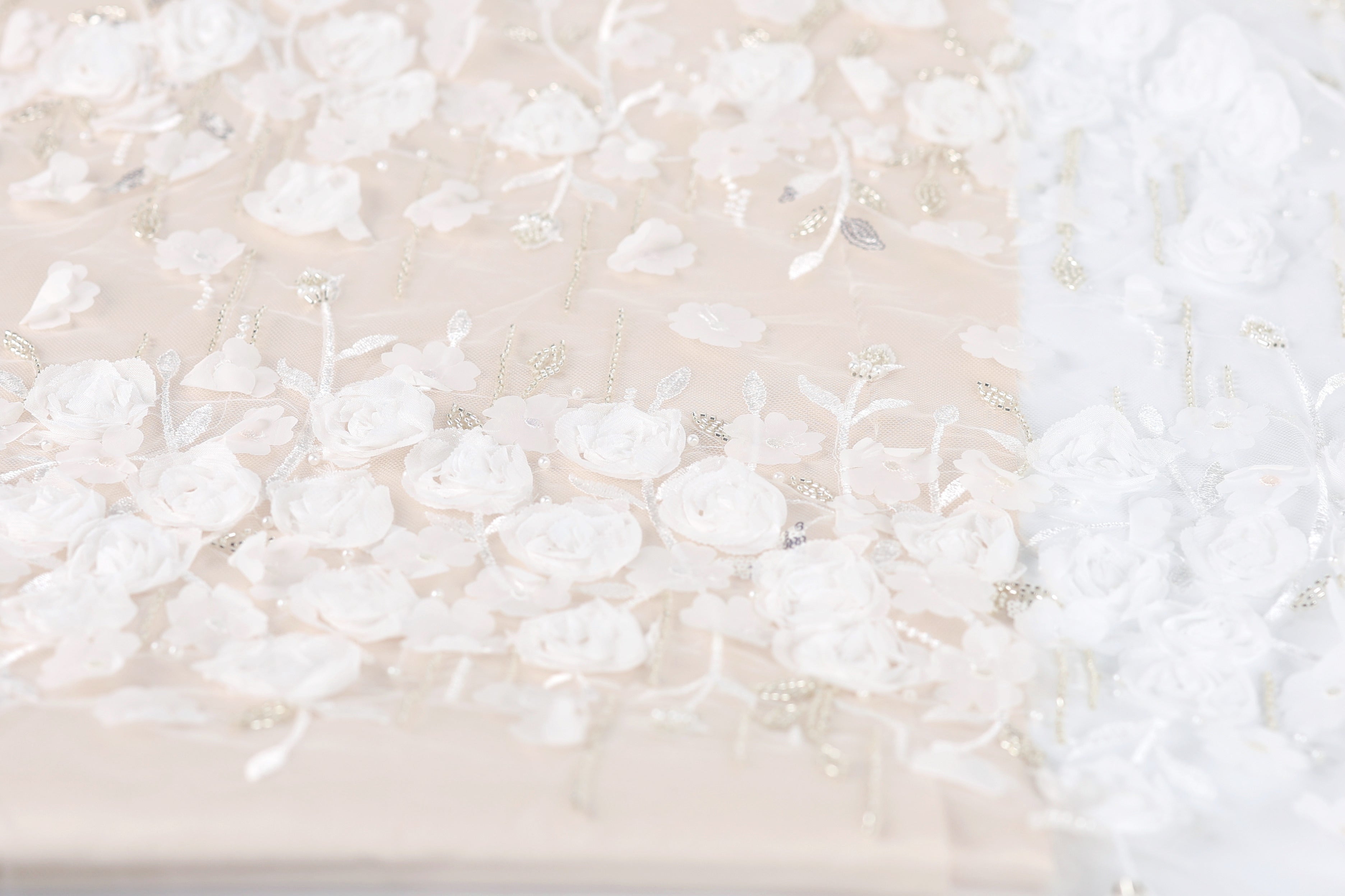 The image is a close-up of a fabric with a floral pattern, featuring numerous white flowers and delicate details.