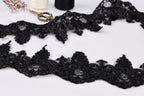 a close-up view of black lace fabric with a lace-like texture, along with sewing tools such as scissors and thread.