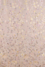 a repeating floral pattern with various shades of pink, yellow, and white flowers and leaves. The pattern is composed of numerous small flowers and leaves, creating a visually appealing and intricate design.