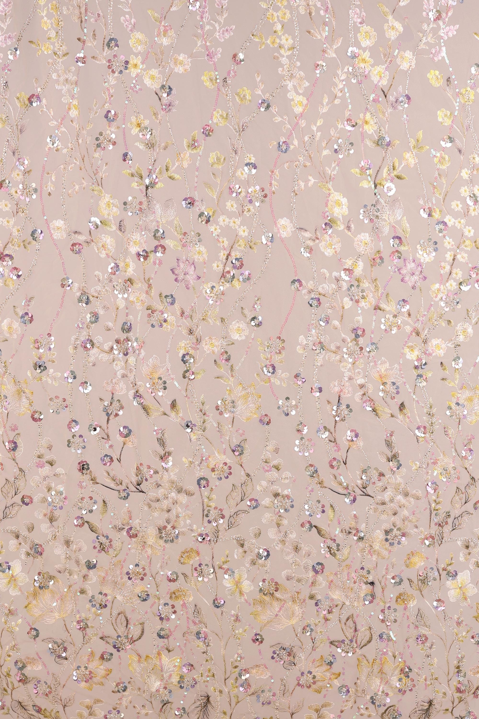 a repeating floral pattern with various shades of pink, yellow, and white flowers and leaves. The pattern is composed of numerous small flowers and leaves, creating a visually appealing and intricate design.