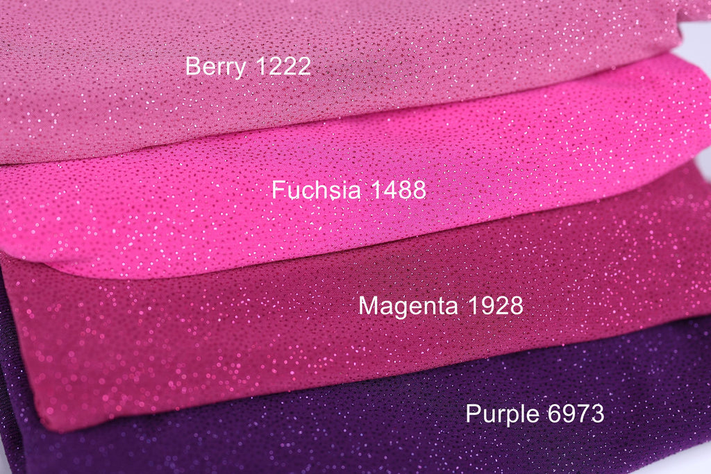a close-up of three fabric swatches in different colors: pink, purple, and magenta. Each swatch has a label indicating the color and possibly a brand or product name.