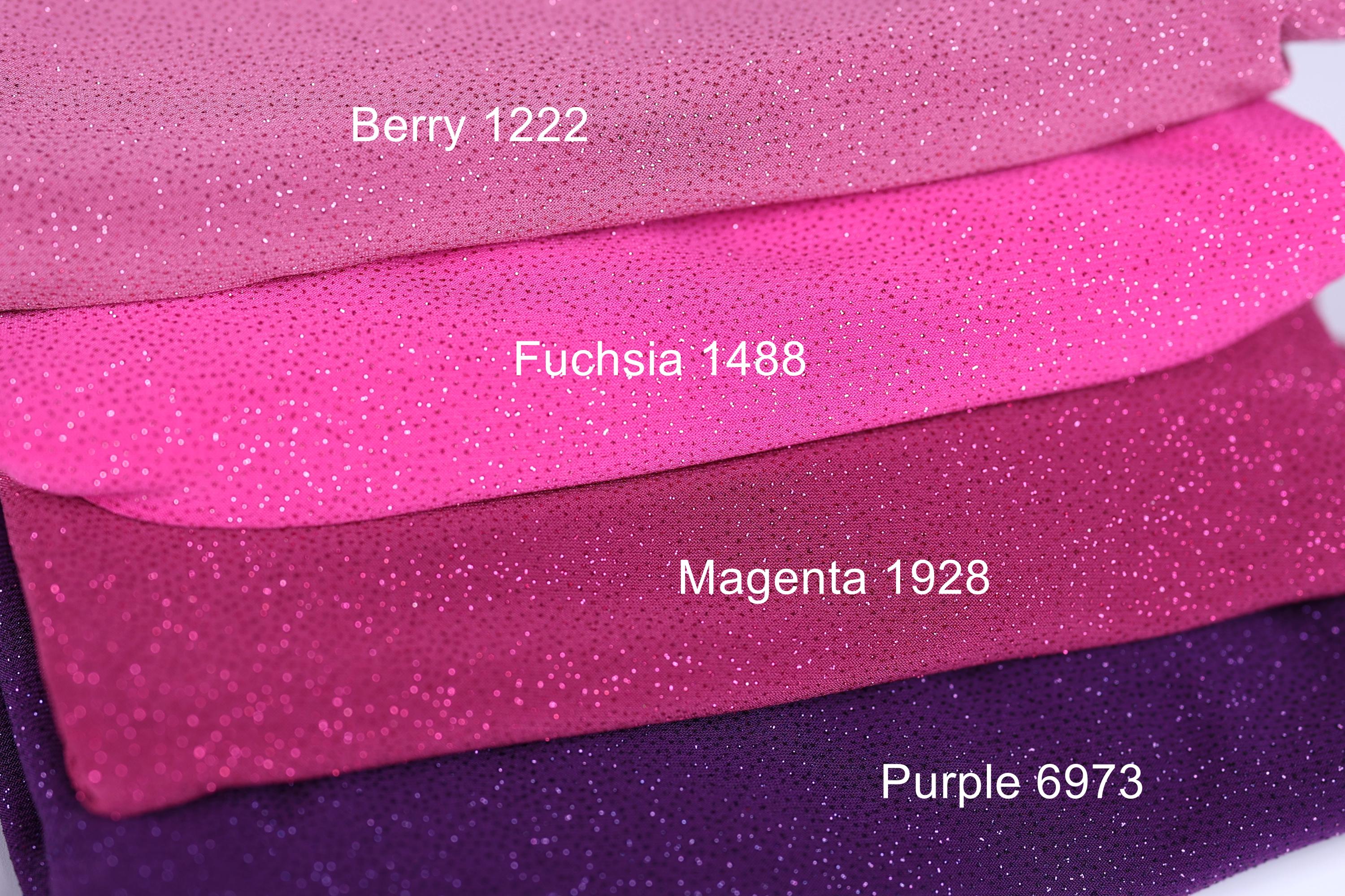 a close-up of three fabric swatches in different colors: pink, purple, and magenta. Each swatch has a label indicating the color and possibly a brand or product name.