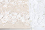 The image is a close-up of a fabric with a floral pattern, featuring white flowers and leaves. The fabric appears to be a light-colored material, possibly a lace or a sheer fabric. The image does not contain any text or other discernible objects or actions.
