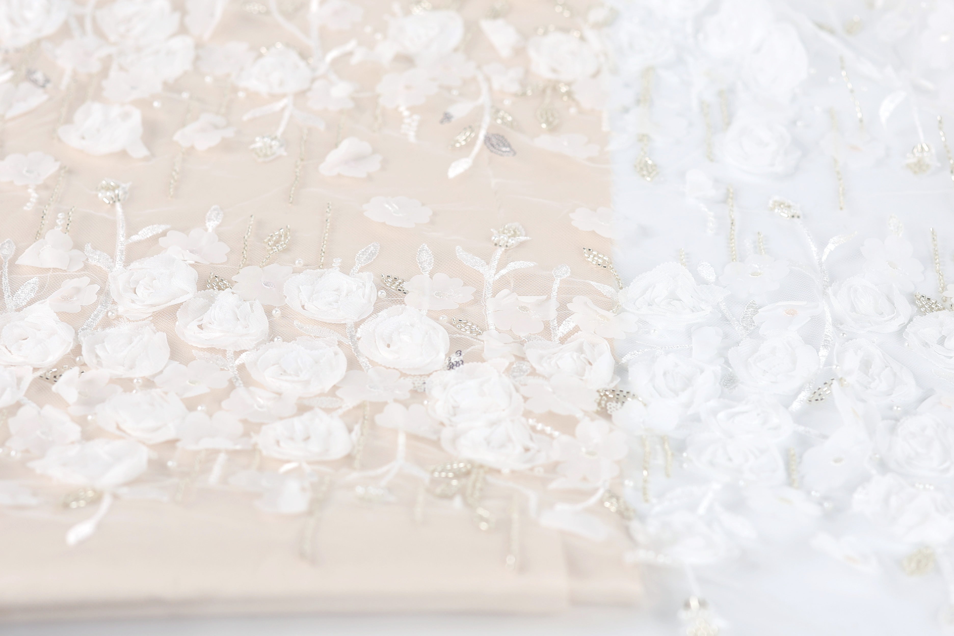 The image is a close-up of a fabric with a floral pattern, featuring white flowers and leaves. The fabric appears to be a light-colored material, possibly a lace or a sheer fabric. The image does not contain any text or other discernible objects or actions.