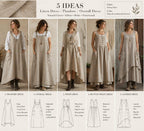 The image is a collage of five images showcasing different styles of dresses, including a pinafore dress, an overall dress, a wrap dress, a button front dress, and a layered dress.