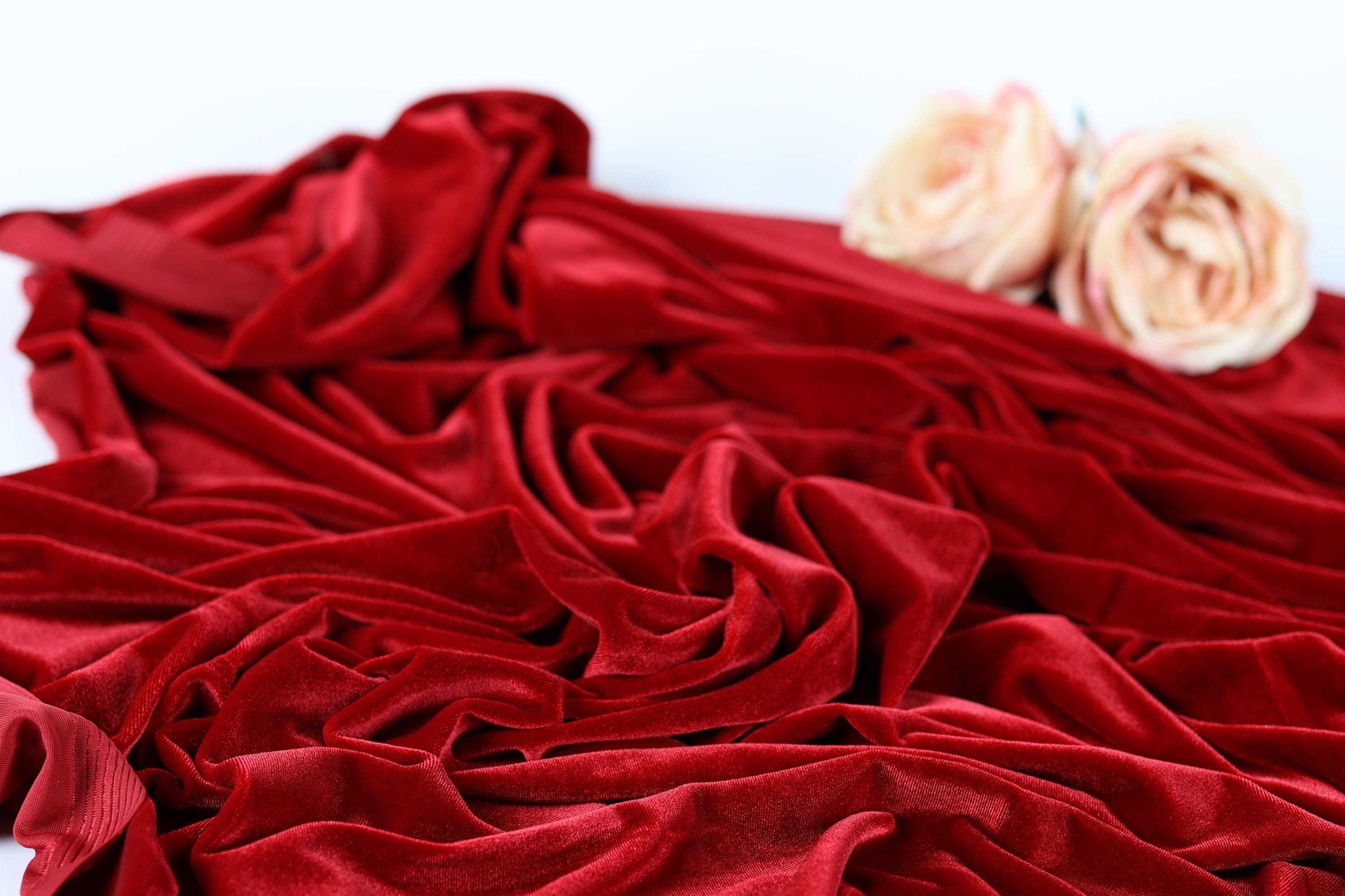 a close-up view of a red velvet fabric with a delicate pink rose resting on top of it.