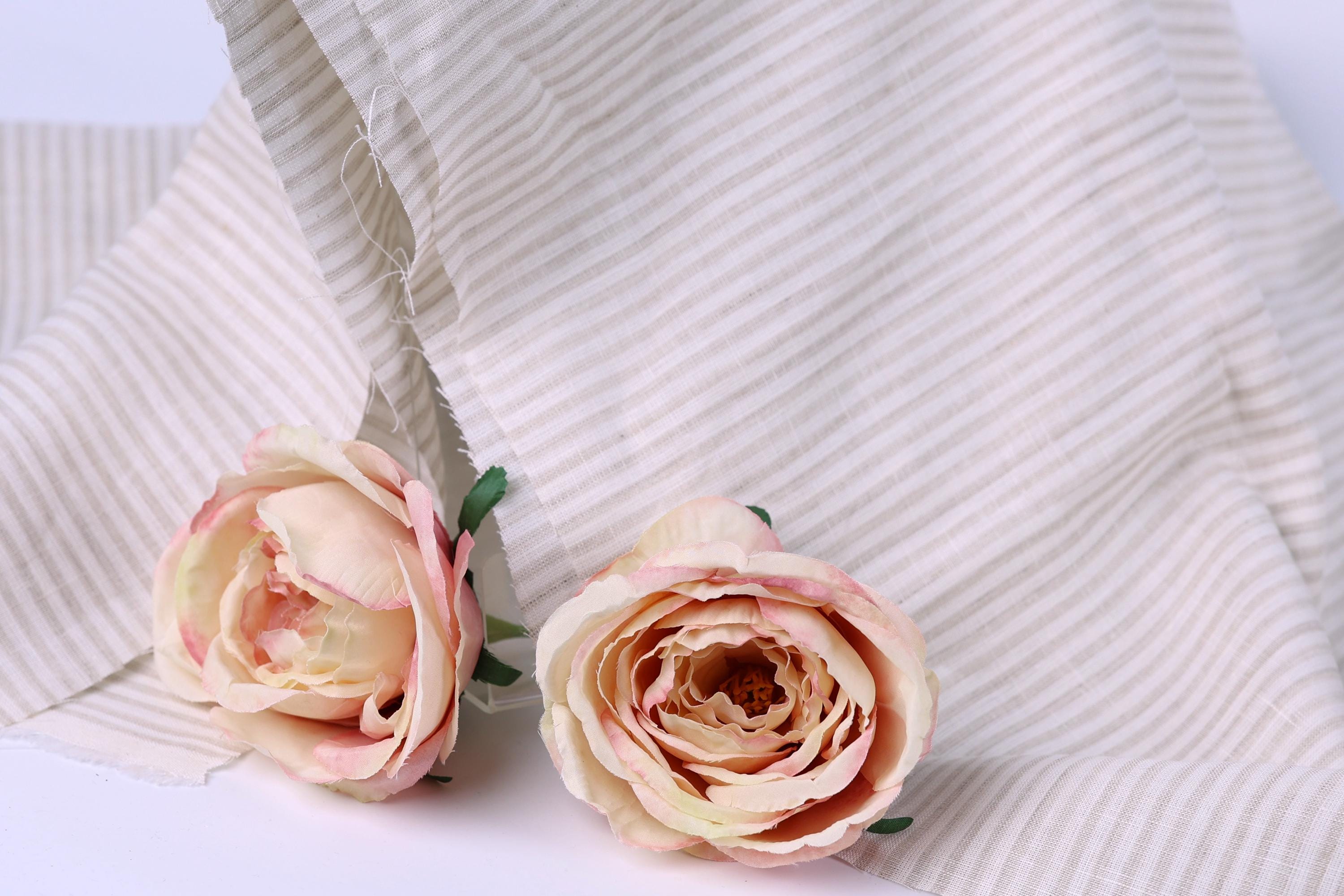 Two delicate pink roses resting on a white background, with a striped fabric visible in the background.