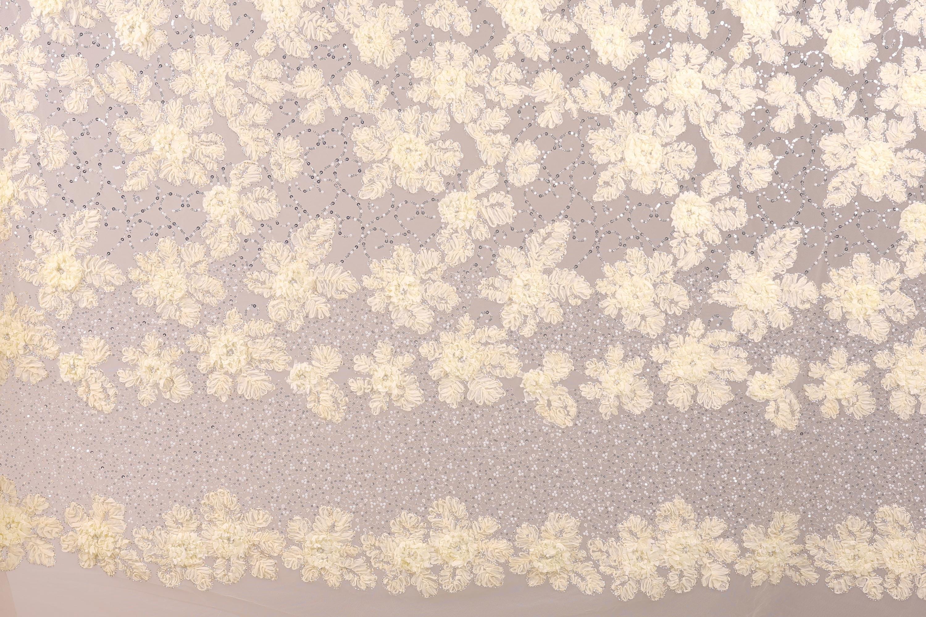 a close-up view of a delicate, intricate lace pattern with a floral design. The lace appears to be made of a fine, delicate material, possibly silk or chiffon, and is adorned with numerous small white flowers or leaves. The pattern is composed of numerous individual flowers or leaves, creating a visually striking and detailed design. The image does not contain any text or other discernible objects, and the focus is solely on the intricate lace pattern.