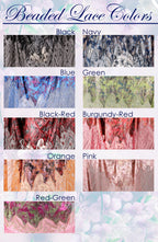 a collection of various colored lace fabrics, including black, navy, blue, green, burgundy, orange, pink, red, and green.