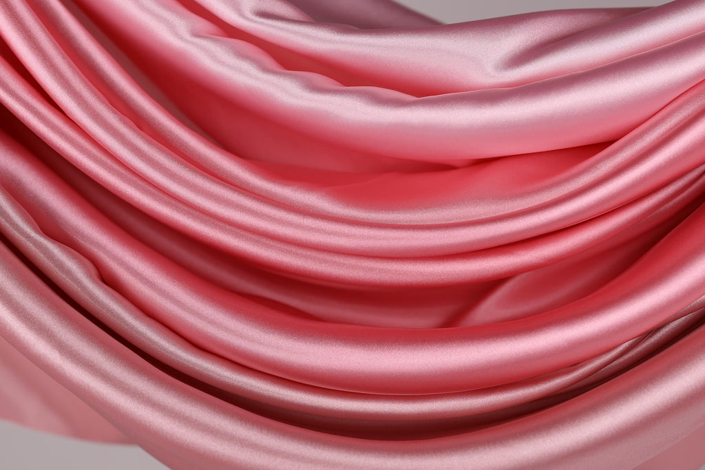 The image is a close-up of a soft, flowing pink satin fabric, with its folds and creases creating a sense of depth and texture.