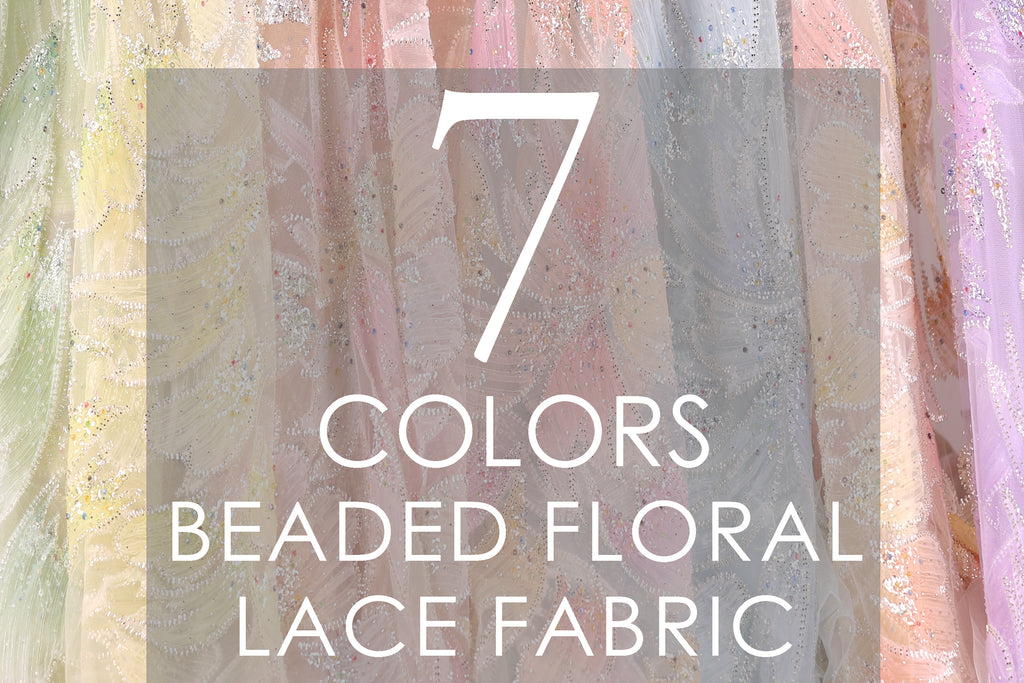 a variety of colorful, beaded floral lace fabric, with the text "7 COLORS BEARDED FLORAL LACE FABRIC" prominently featured.