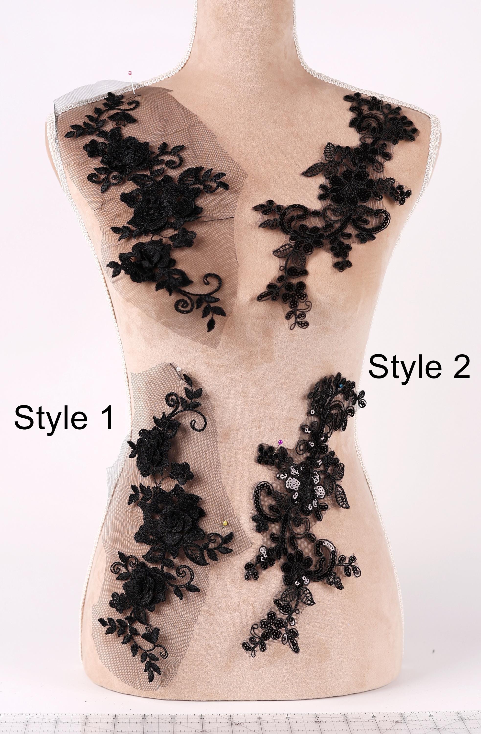 a mannequin with various black lace designs on its bust area, including floral and leaf-like patterns. The mannequin is positioned on a white background, and there are two styles of lace designs displayed on it, labeled as Style 1 and Style 2.