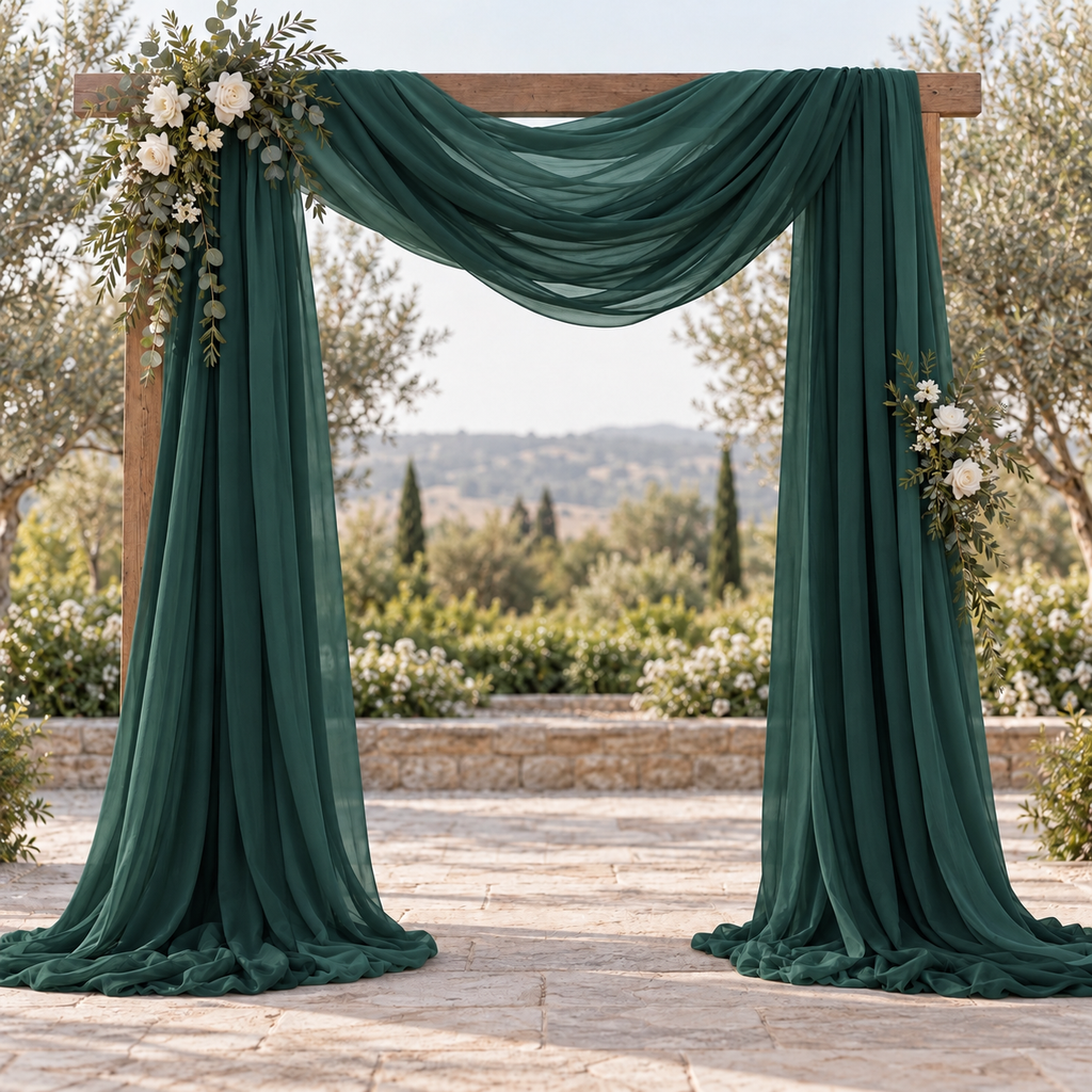 Hunter green chiffon draped on a rectangular wedding arch