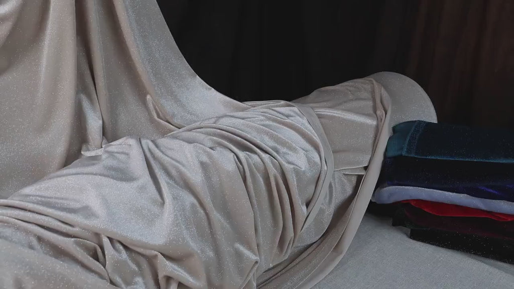 Beige Glitter Velvet Fabric: 4-Way Stretch Costume Material