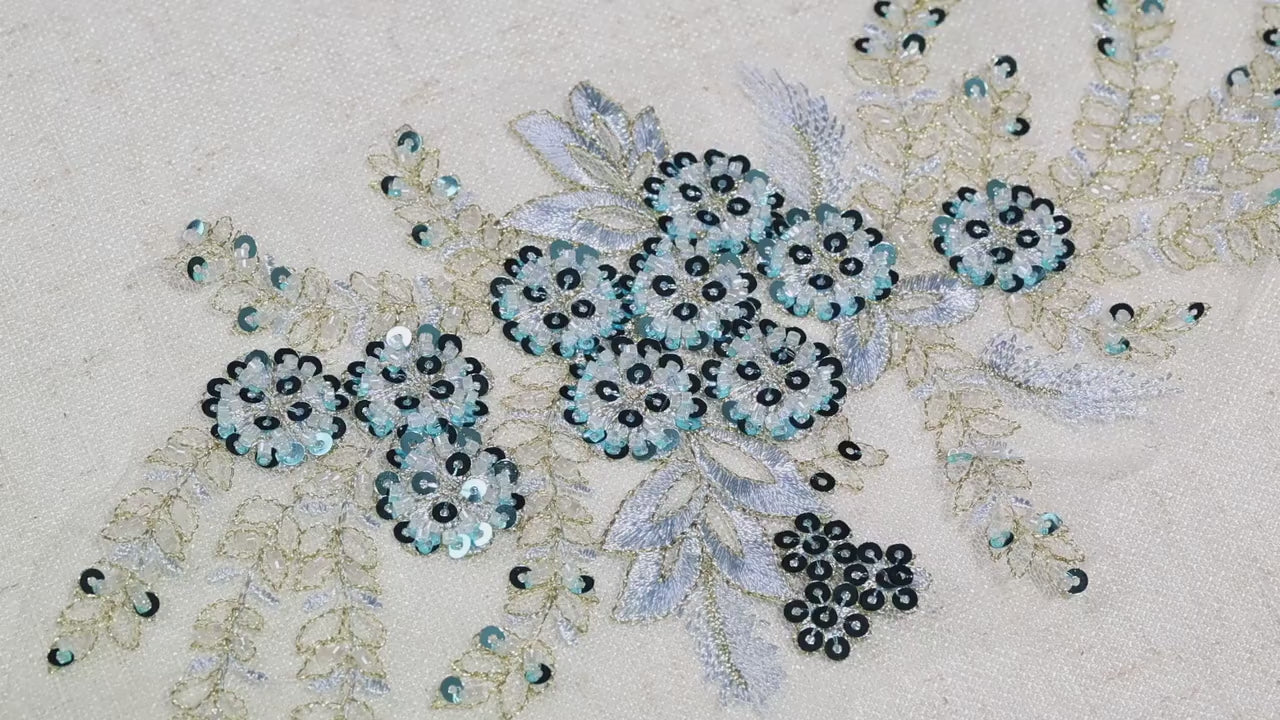 Light Blue Floral Lace Appliques, 3D Beaded Embroidery – 7 Designs