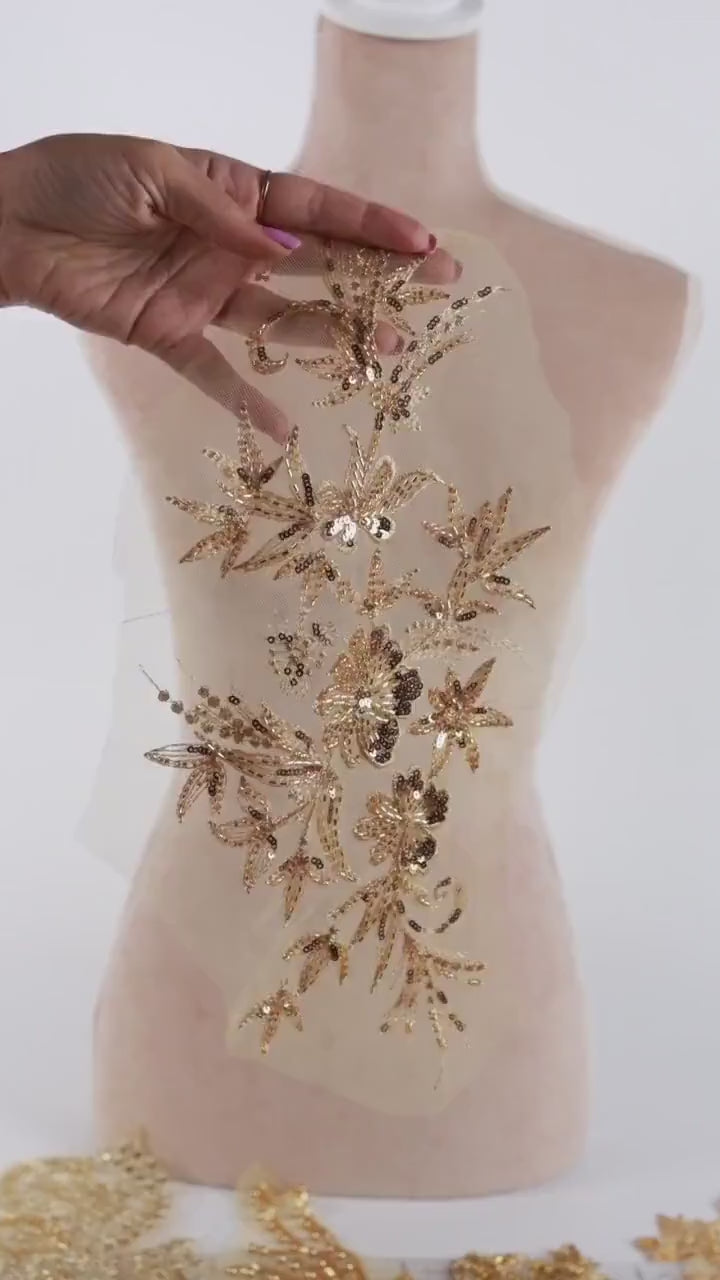 Deep Gold Lace Applique Pairs, Beaded & 3D Floral Embroidery – 5 Styles