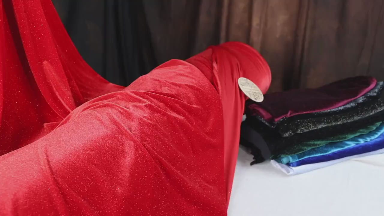 Red Glitter Velvet Fabric: 4-Way Stretch Costume Material