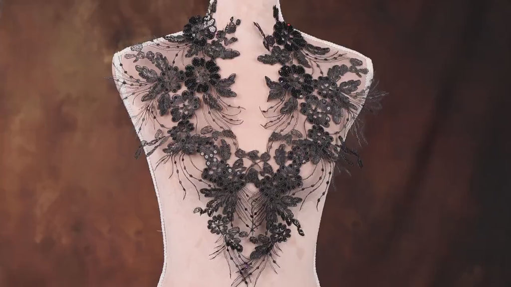 Black Matching Mesh Lace Appliques, Long Floral Embroidery Pairs for Dresses
