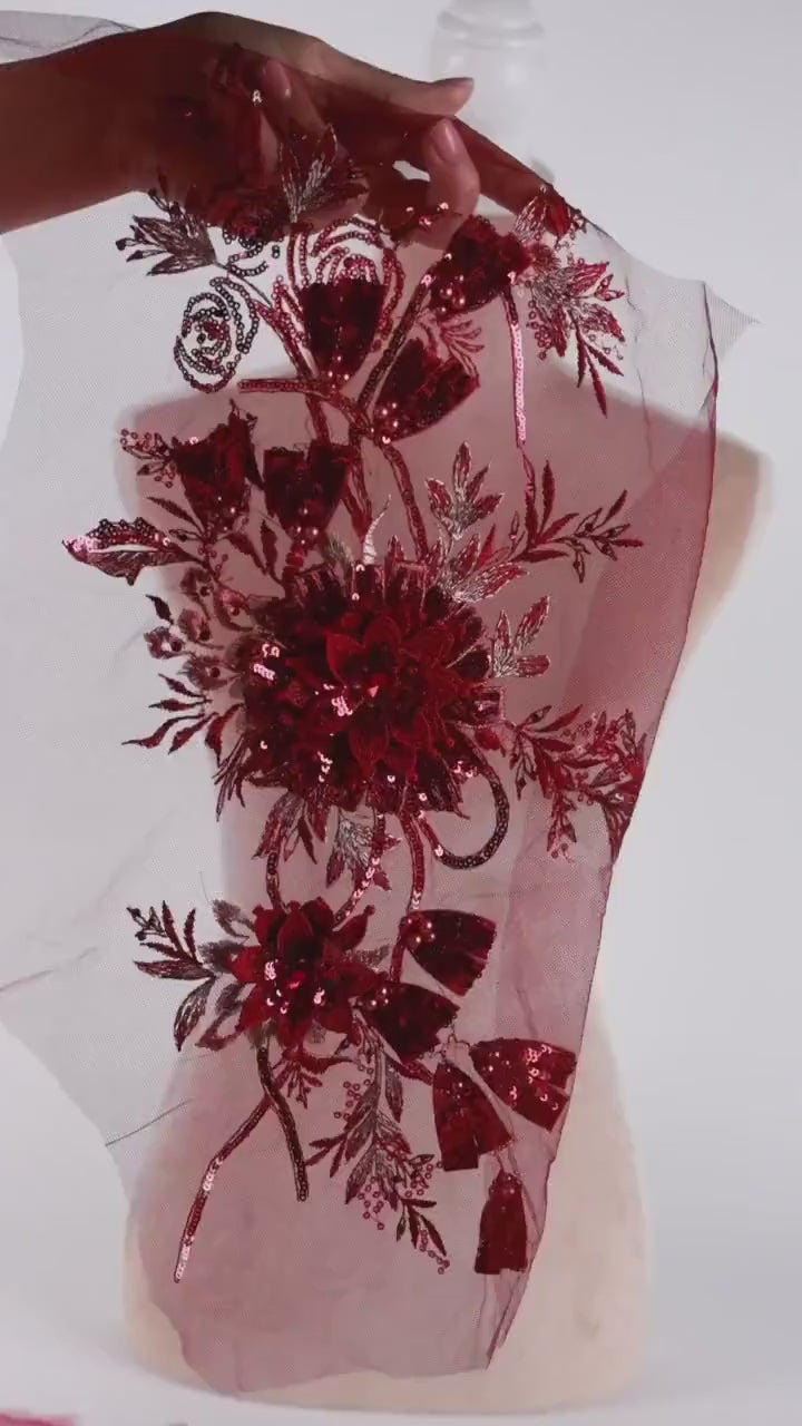 Luxurious Burgundy Lace Appliques, Rich 3D Floral Designs – 4 Styles
