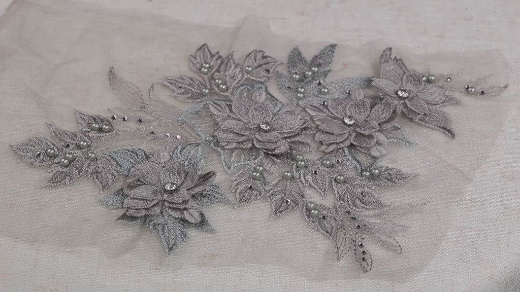 Pearl Gray 3D Floral Appliques, Soft Beaded Lace – 8 Styles