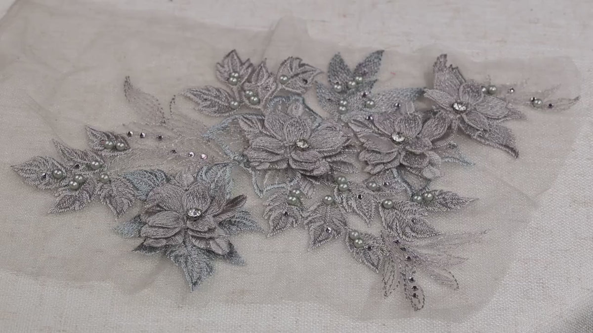 Pearl Gray 3D Floral Appliques, Soft Beaded Lace – 8 Styles