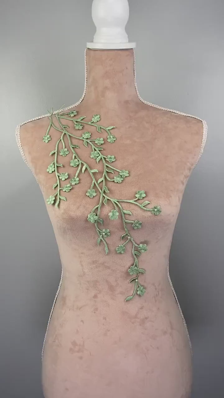 Green Floral Branch Appliques, Long Embroidered Vine Lace – 3 Styles