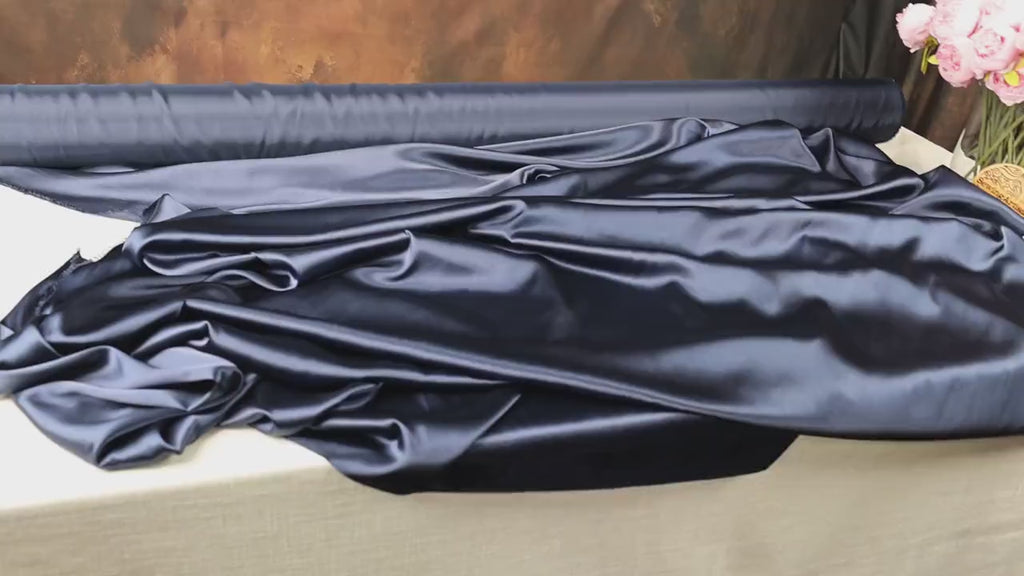 Dark Navy Blue Charmeuse Satin Fabric: Bridal & Event Decor