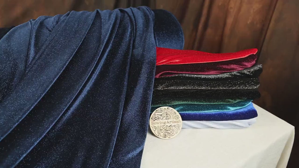 Navy Glitter Velvet Fabric: 4-Way Stretch Costume Material