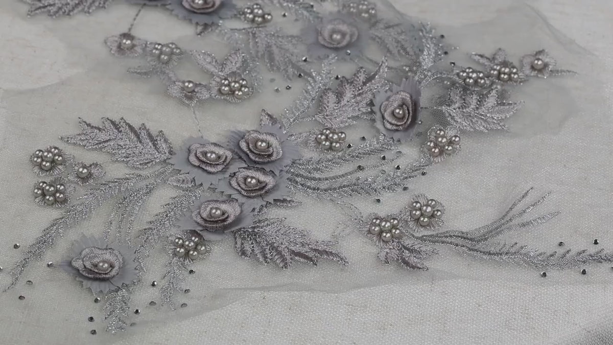 Dimensional Light Gray Floral Appliques, 3D Beaded & Jeweled Lace – 3 Styles