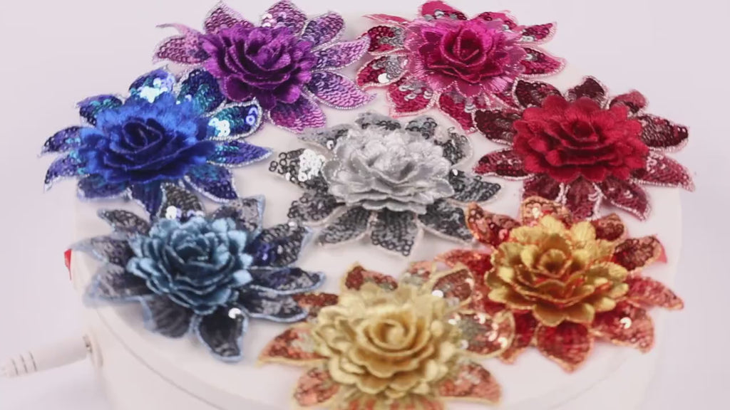 3D Sequin Flower Lace Applique – Embroidered Floral Patch, Choose Color