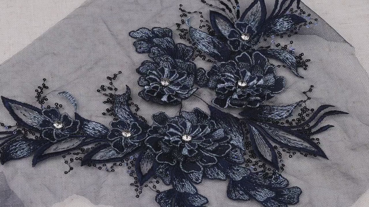 Navy Blue 3D Floral Lace Applique, Large Rhinestone Bodice Embroidery