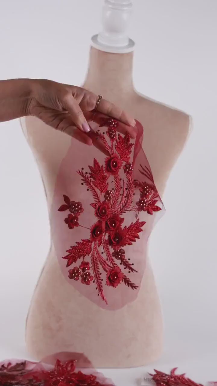 Deep Burgundy Lace Applique Pairs, 3D Beaded & Sequin Florals – 5 Styles