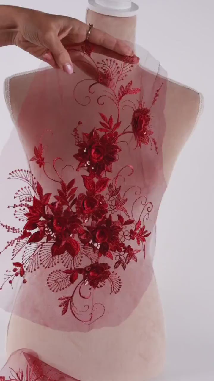 Vibrant Burgundy 3D Floral Lace Appliques, Rich Embroidered Flowers – 5 Styles