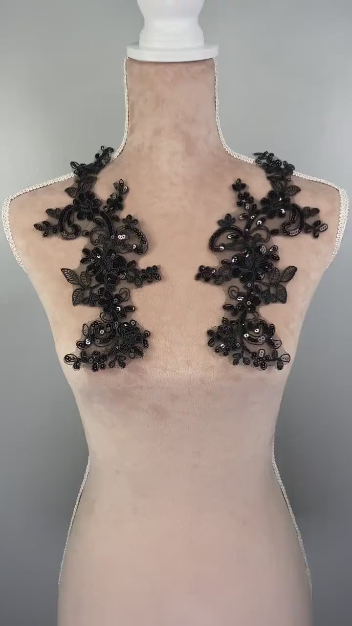 Black Floral Lace Applique Pairs for Jackets, Blouses & Dresses