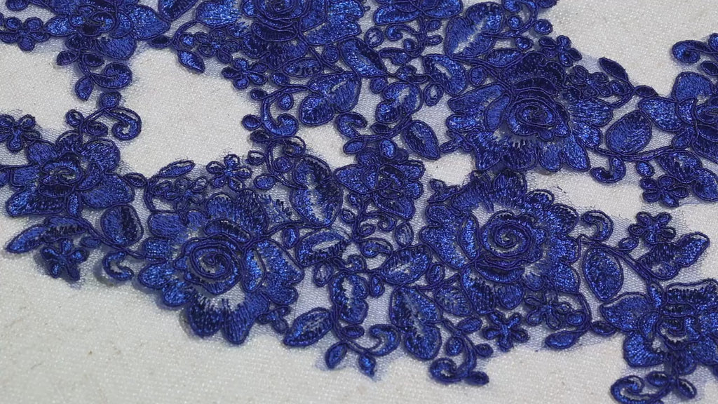 Royal Blue Lace Applique Pairs, Floral Embroidered Mesh – 5 Styles