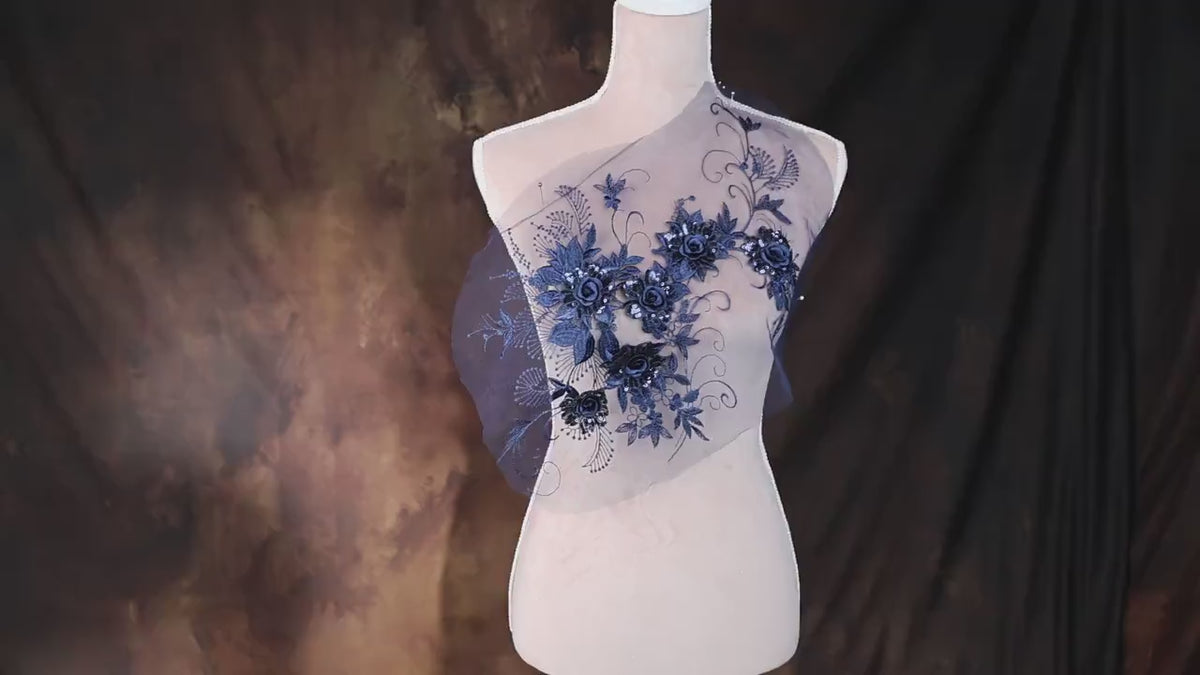 Navy Blue Statement Lace Appliques, Beaded 3D Floral Motifs