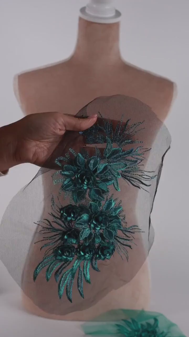 Aquamarine 3D Floral Lace Appliques, Oversized Statement Flowers – 2 Designs