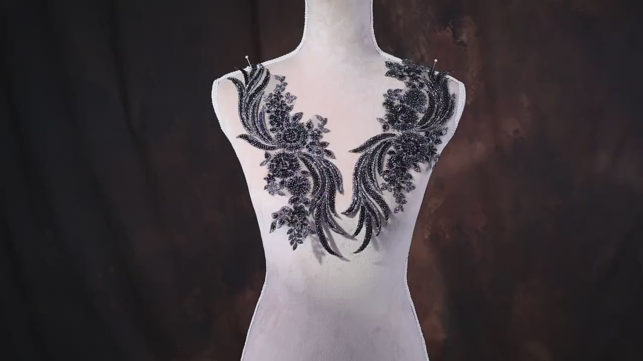 Black Matching Mesh Lace Appliques, 3D Floral Embroidery Pairs for Couture Sewing
