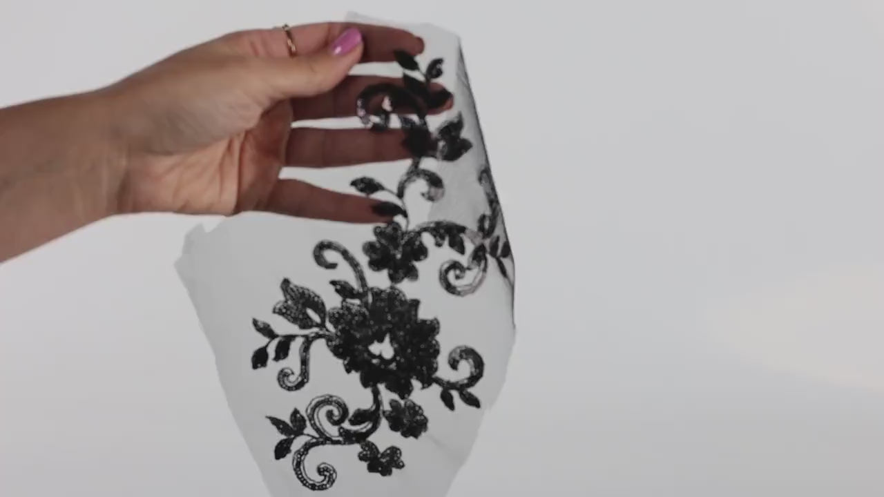 Black Floral Lace Appliques, Embroidered Mesh Motifs for Dresses & Costumes