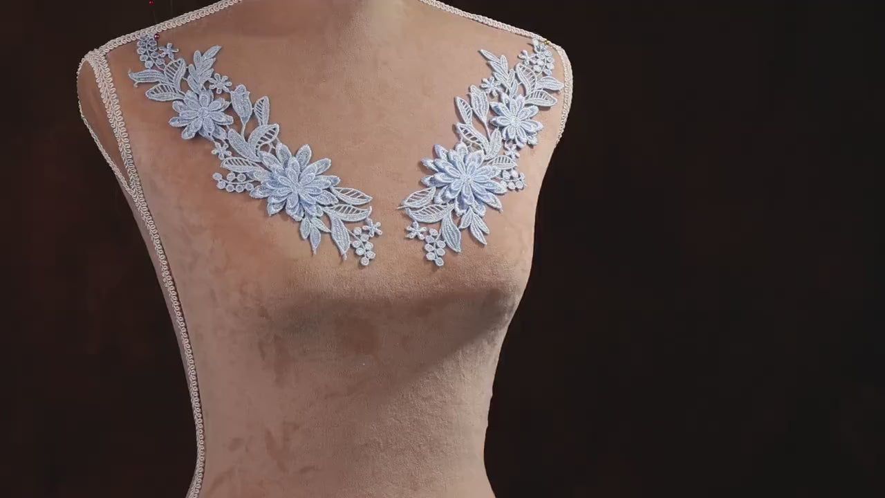 Light Blue Water Soluble Lace Appliques, Matching Pair Floral Embroidery