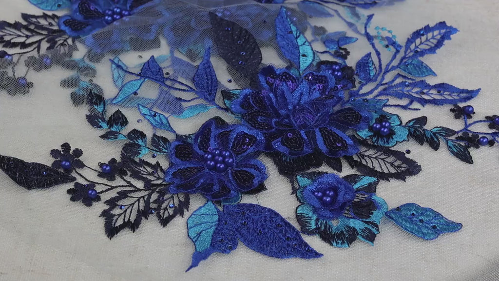 Royal Blue Lace Applique Pairs, 3D Floral & Sequin Lace – 6 Styles