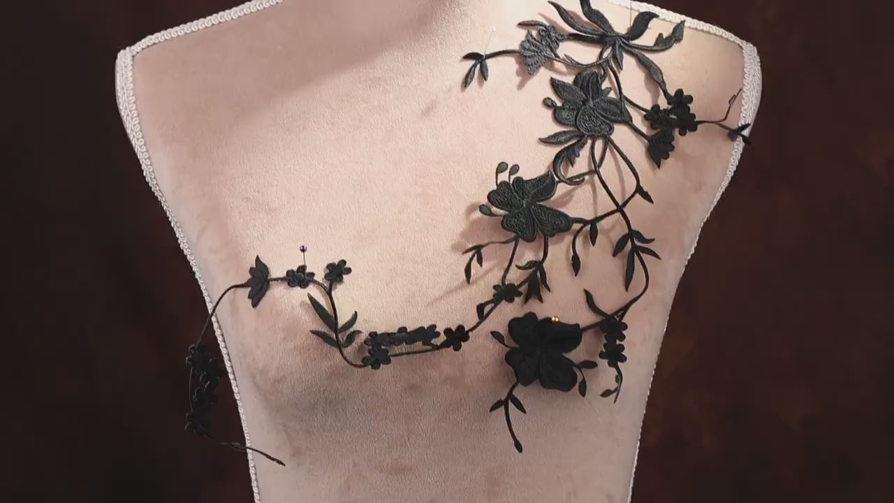 Black Iron-On Floral Lace Appliques, Hot Fix Embroidered Branches for Dresses