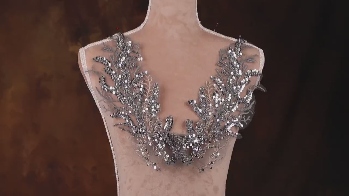 Gray Statement Lace Applique Pairs, Floral Wings & Branches – 4 Styles