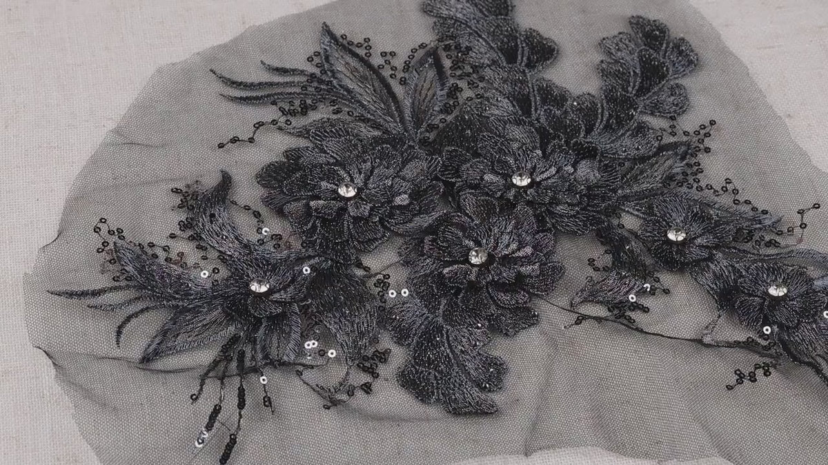 Black & Gray Floral Lace Appliques, Elegant 3D Motifs – 4 Styles