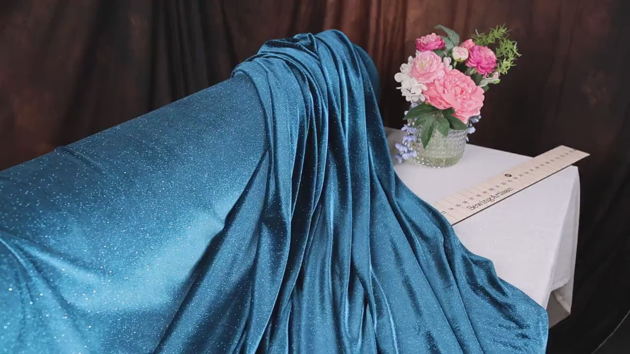 Jade Glitter Velvet Fabric: 4-Way Stretch Velvet by the Yard