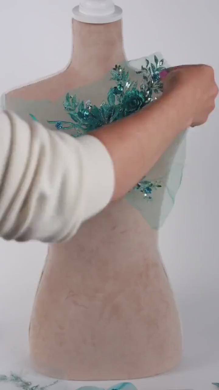 Aqua Blue & Turquoise Botanical Lace Appliques, 3D Floral Designs – 6 Styles