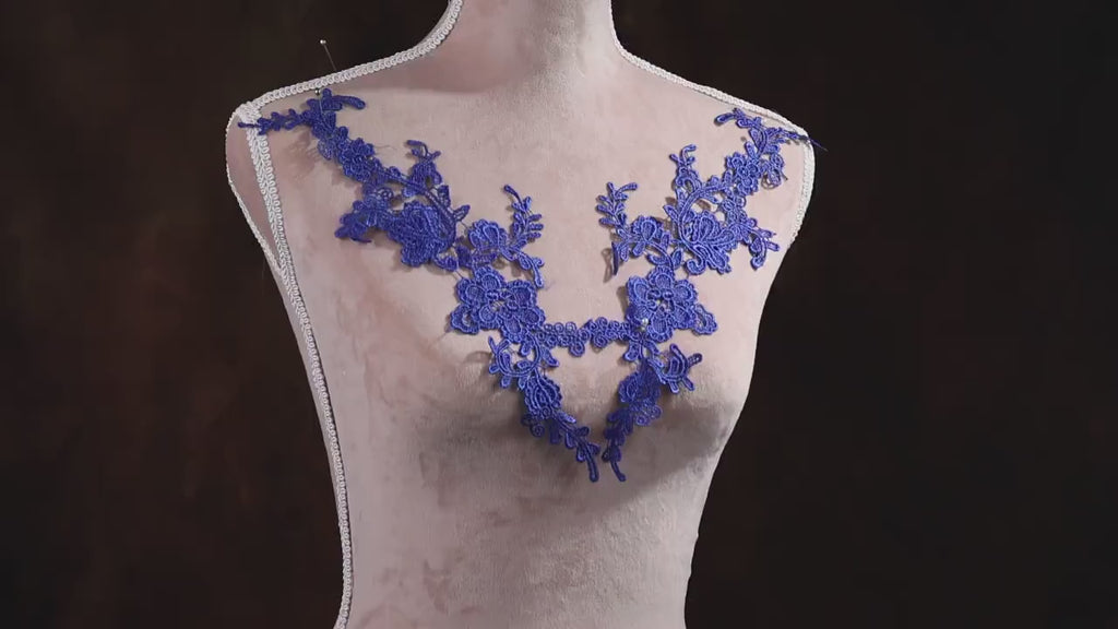 Royal Lace Appliques Water Soluble, Matching Pair Floral Embroidery Navy
