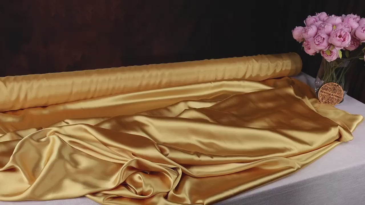 Dark Gold Charmeuse Satin Fabric: Shiny Polyester for Wedding Dress, Draping - By The Yard